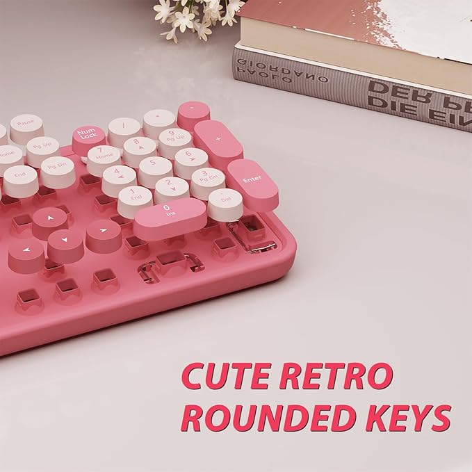 Wireless KeyboardKOOTOP Cute Colorful 104 Keys Typewriter Retro Round Keycaps Keyboard for PC LaptopDesktopWindows Home and Office Keyboards(Pink)