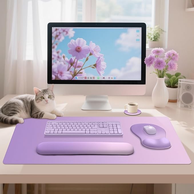 4-in-1 Large Gaming Mouse Pad Keyboard Wrist Rest Pad &amp Wrist Support Mousepad Set Extended Desk Pad Waterproof Desk Mat for Home Office Decor Study Game 35.4×15.7 Inches I Purple Pink Lavender