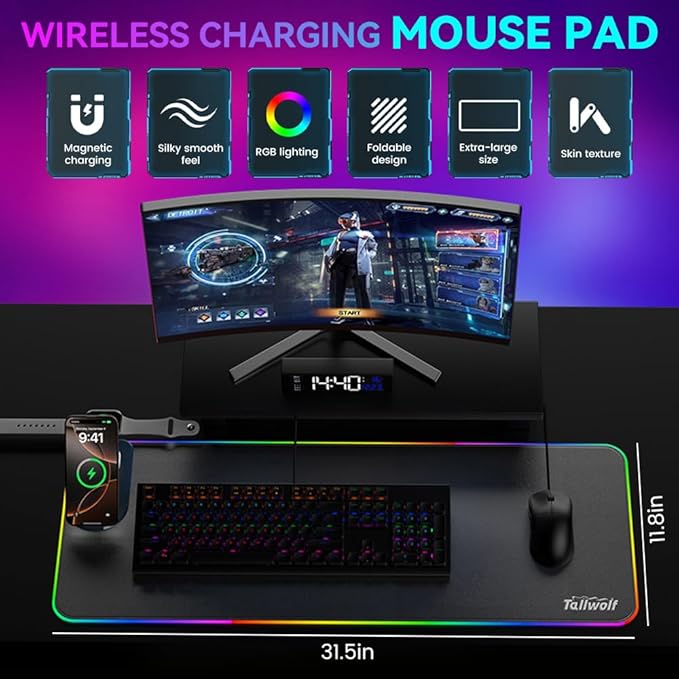 HomeBeyond RGB Gaming Mouse Pad Wireless Charging Mouse Mat Fast Charging for Phones Earbuds &amp Apple Watch 15 Dynamic Lighting Modes 31.5''x11.8'' Large Keyboard Pad with Magnetic Phone Holder