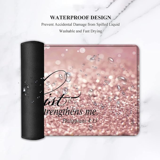 Gaming Mouse PadLarge Mouse Pad with Stitched EdgeNon-Slip Base Office Desk Pad Ergonomic Keyboard Wrist Rest SetWaterproof Writing PadPhilippians 4：13 Bible Pink Glitter Extended XXL Desk Ma