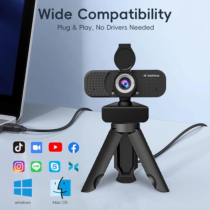 4K Autofocus Webcam for PC &amp Laptop USB Plug &amp Play Computer Camera with Dual Noise-Reducing Mics Low-Light Correction Privacy Shutter Tripod Compatible Works with Zoom/Teams/Google Meet