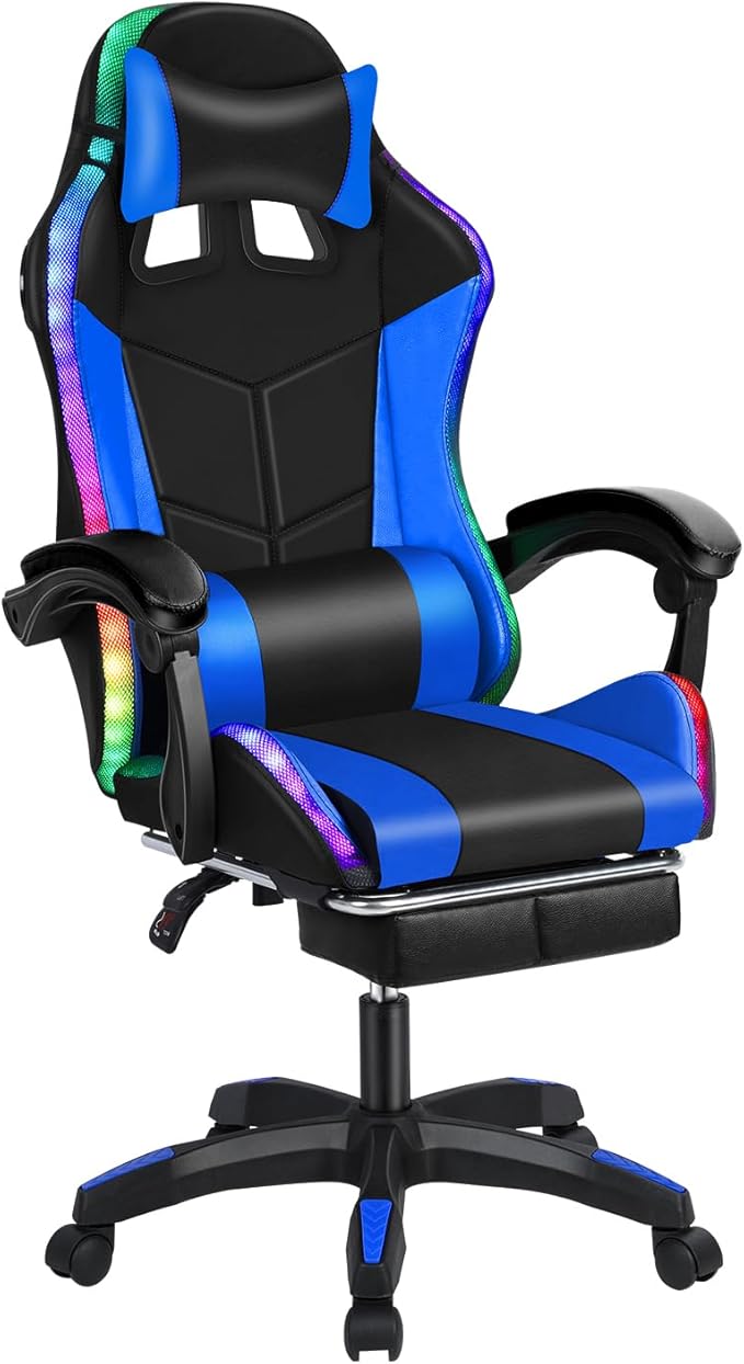Gaming Chair with Bluetooth Speakers LED Light Adjustable Height Retractable Footrest &amp Massage Lumbar Support - Ergonomic Office Computer Chair for Adults Gamers Internet Cafe Home Blue