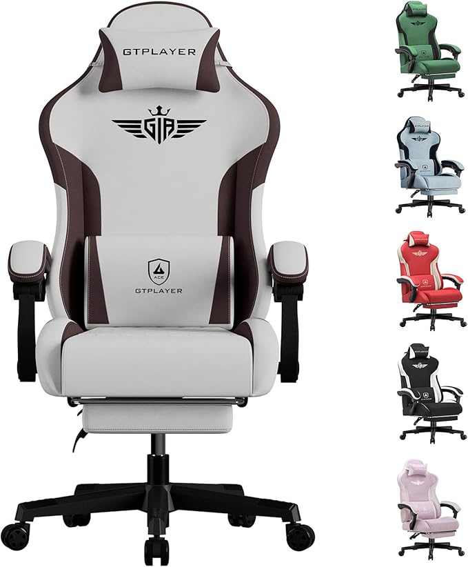 GTPLAYER Gaming Chair Computer Office Chair Lumbar Support Linkage Armrests and Footrest Ergonomic Game Chair for Adults with Extended Backrest Fabric Brown