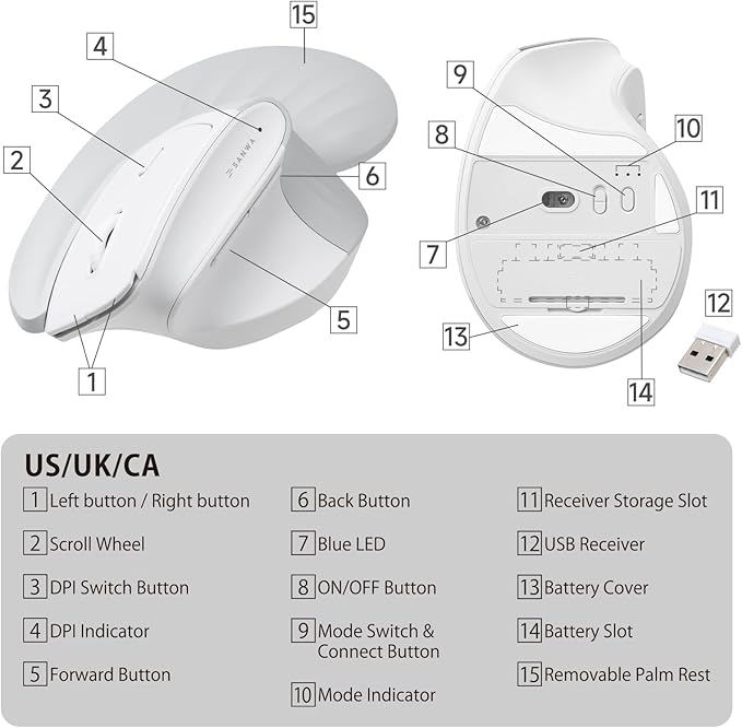 SANWA Wireless Ergonomic Mouse for Large Hands Silent Click Vertical Mice with Removable Wrist Rest 1000-4000 DPI 3-Device (2.4G + 2 Bluetooth 5.4) Compatible with Mac Windows Laptop PC White