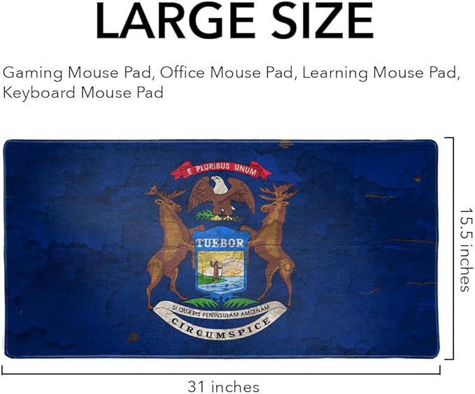Rustic Michigan State Flag Distressed USA Large Gaming Mouse Pad Desk Mat with Stitched Edges Non-Slip Base