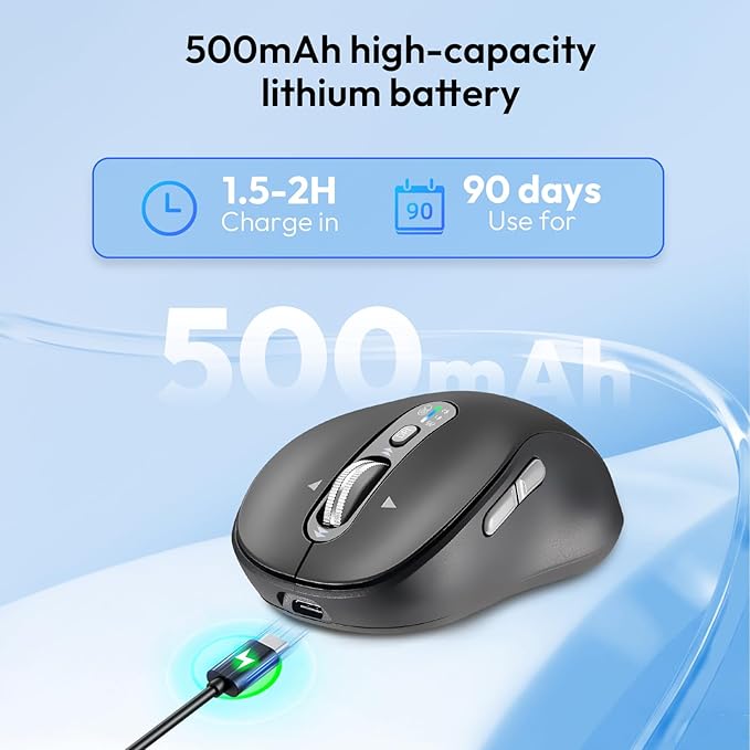 Wireless Bluetooth Mouse Portable Rechargeable Multi-Device4-Level DPIUSB-A Receiver and Two Bluetooth Multi-System4-Way Scrollig for MacBook Air/Pro iPad Laptop Computer. (Grey)