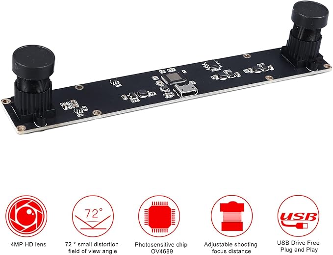 4MP Dual Lens USB Camera Board 1080P 72° Viewing Angle with Distortion - High Resolution Depth Detection 3D VR Distance Measurement for Industrial Use