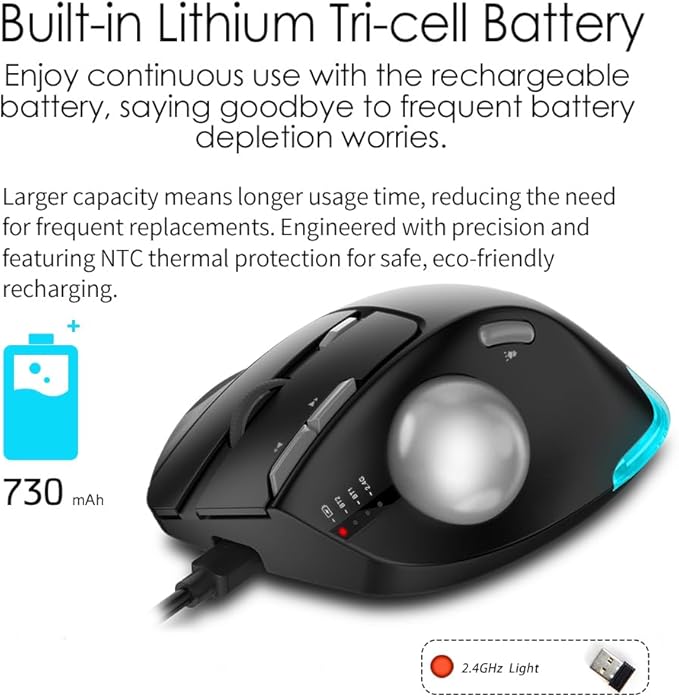 Docooler F-33 Wireless Trackball Mouse - Easy Thumb Control Precision and Smooth Tracking Tri-Mode Ergonomic Mouse wirh Programmable and Adjustable Mouse Angle Compatible for PC Laptop - Black