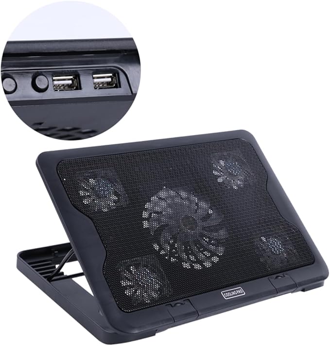 USB Laptop Cooling Pad Adjustable Height Five Quiet Fans -Skid Design Dual USB Ports Optimized Heat Dissipation for Laptops Black