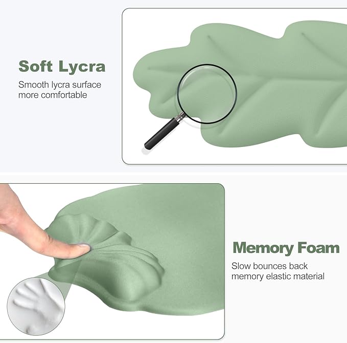 Keyboard Wrist Rest and Mouse Pad with Wrist Support Set Ergonomic Leaf Shape Mouse Pad with Non-Slip Base Pain Relief Memory Foam Mousepad for ComputerLaptopHome Office Green