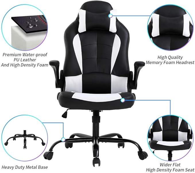 Racing Office Gaming Chair - High Back Executive Computer Desk Chair with Headrest Massage Lumbar Support - Black
