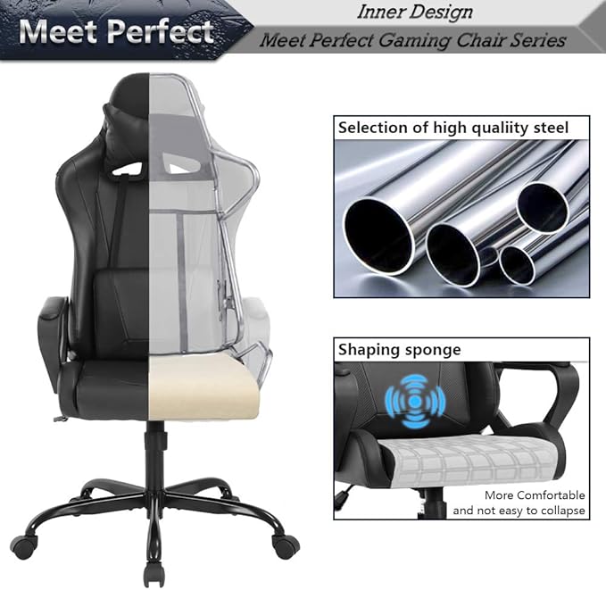 Racing Style Gaming Chair Office Chair High Back Computer Chair Leather Desk Chair Ergonomic Executive Chair Adjustable Video Game Chair Swivel Task Chair w/Headrest and Massage Lumbar Support Black