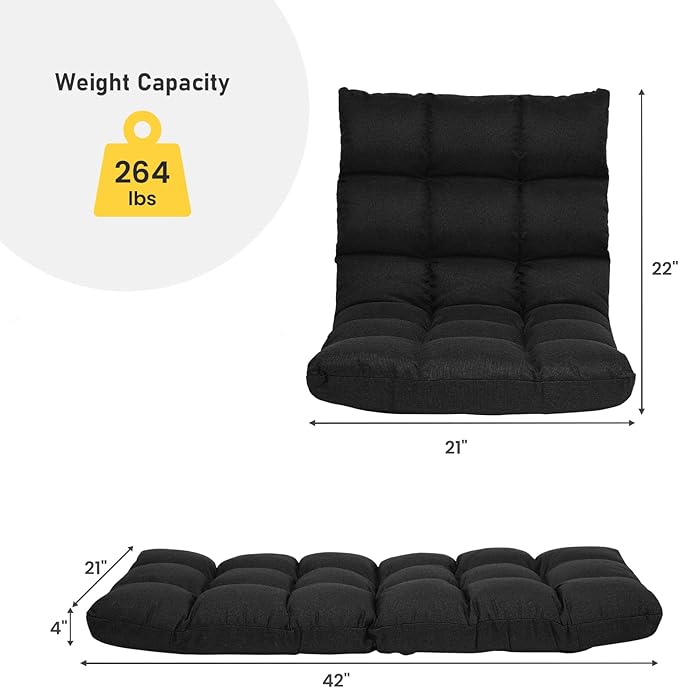 MAT EXPERT 14-Position Floor Chair Floor Gaming Chair w/Resilience Sponge Alloy Steel Frame Padded Bed Couch Recliner Floor Chair with Back Support for Reading Meditating (Dark)