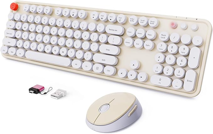 Wireless Keyboard and Mouse Combo Ergonomic Full Size Typewriter Retro Round Keycaps Keyboard Compatible with Windows PC Perfer for Home and Office Keyboards (Beige