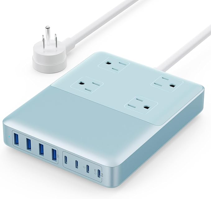 12-in-1 Charging Station USB C Power Strip with 5ft Cord200W GaN IV USB C Charger Block4 AC Outlets4 USB-A4 USB-C for MacBookiPhone 16/15/14Fast Charging Desktop Charger for Office (Light Blue)