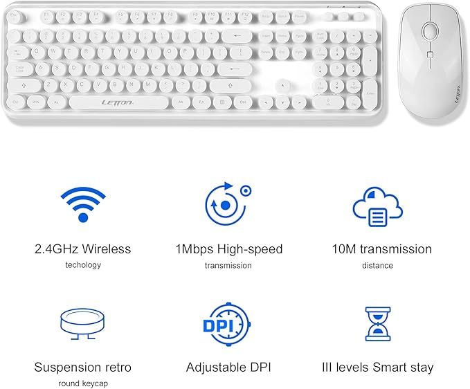 White Retro Typewriter Keyboard and Mouse Wireless Combo Cute Wireless Keyboard with Retro Round Keycaps2.4Ghz Full Szie Creamy Clicky &amp Satisfying Typing Keyboard&amp3 DPI Mouse for PC Laptop