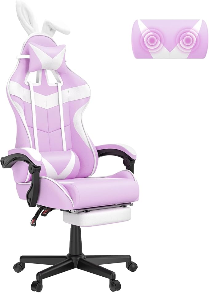 Soontrans Light Purple Gaming Chair with FootrestLovely Cute Bunny Computer Gamer ChairKawaii Desk Chair for GranddaughterSisterGirlfriendWife and Love