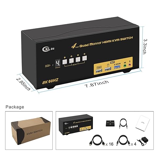 CKLau 4x4 Quad Monitor KVM Switch 4 Monitors 4 Computers with Cables Audio Microphone USB 3.0 Hub Supports 8K@60Hz 4K@144Hz Emulation EDID Hotkey Switching HDMI 2.1