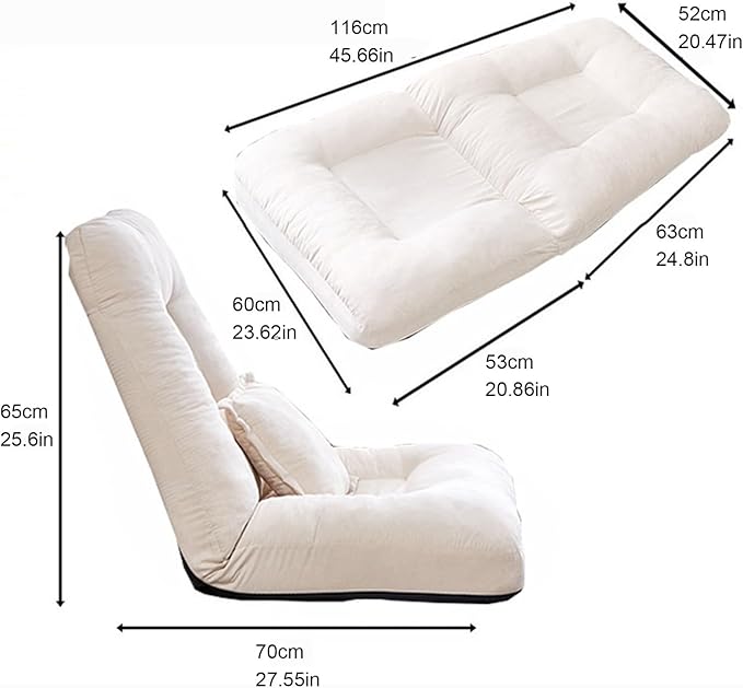 Floor Chair Back Support Folding Sofa Adjustable Positions Padded Lazy Sofa with Pillow Breathable Floor Gaming Chair for Reading Bedroom(White)