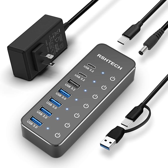 RSHTECH 7-Port Powered USB 3.2/USB C Hub with 10Gbps USB-A 3.2 2 USB-C 3.2 4 USB 3.0 Ports Individual Touch Switches 3.3ft Cable and 5V Power Adapter USB Hub Splitter for Laptop/PC RSH-ST07C
