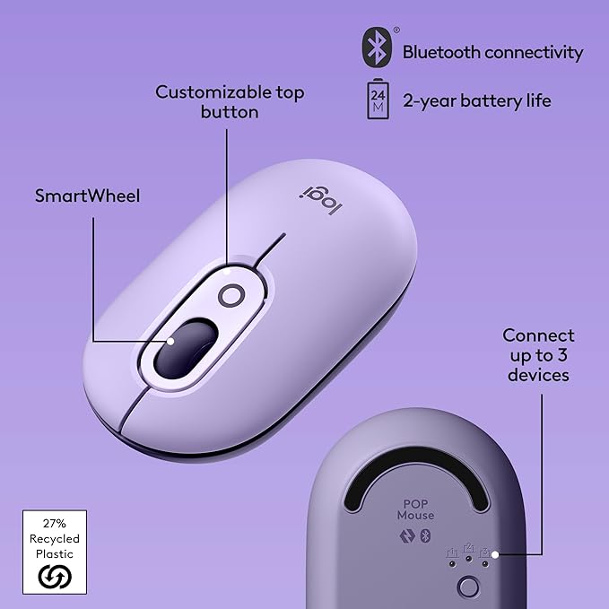 Logitech POP Mouse Wireless Mouse with Customizable Emojis SilentTouch Technology Precision/Speed Scroll Compact Design Bluetooth Multi-Device OS Compatible - Cosmos