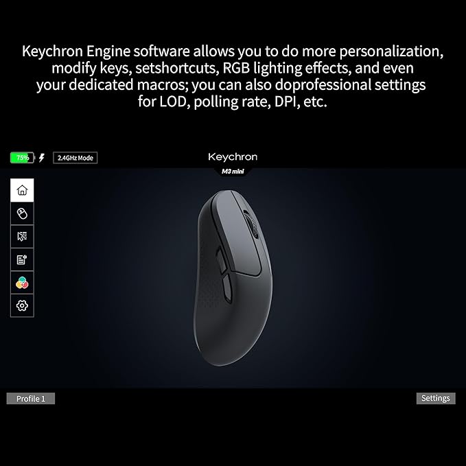 Keychron M3 Mini Wireless Optical Mouse Bluetooth 5.1/2.4 GHz/Wired Gaming Mouse Programmable PixArt 3395 Sensor with up to 26000 DPI/ 650 IPS Lightweight Ergonomic for Windows Mac Linux - Black