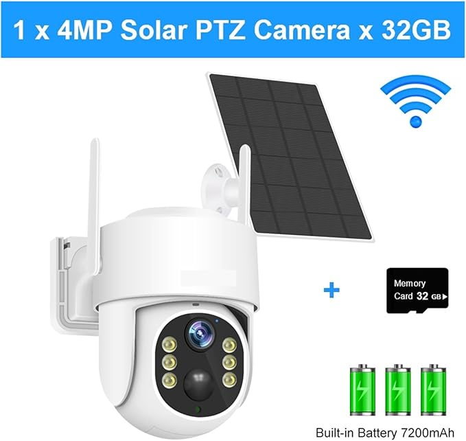 Solar Panel PTZ IP Camera WiFi 4MP 4G Video Surveillance Security Protection Built-in Battery Long Time Standby(4MP WiFi and 32G SD)
