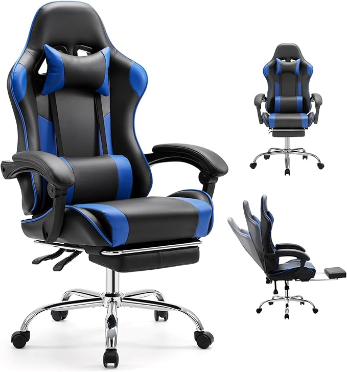 DUMOS Ergonomic Gaming Office Desk Chair with Linkage Armrests for Adults Height Adjustable Computer Chair with Footrest and Headrest PU Leather 360° Swivel Recliner with Lumbar Support Deep Blue