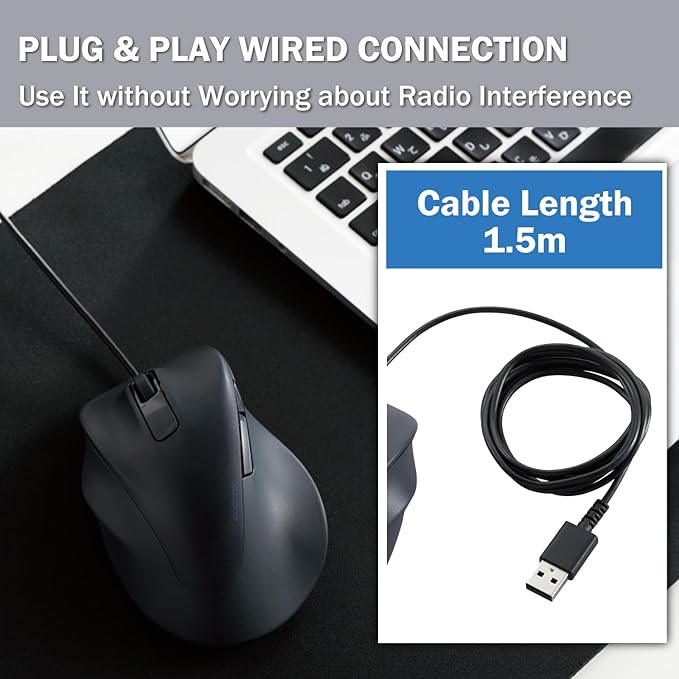 ELECOM Left Hand Wired USB Ergonomic Shape Mouse Silent Click 2000DPI 5 Buttons Optical Sensor Compatible with PC Mac Laptop EX-G Lsize Black (M-XGL31UBSKBK)