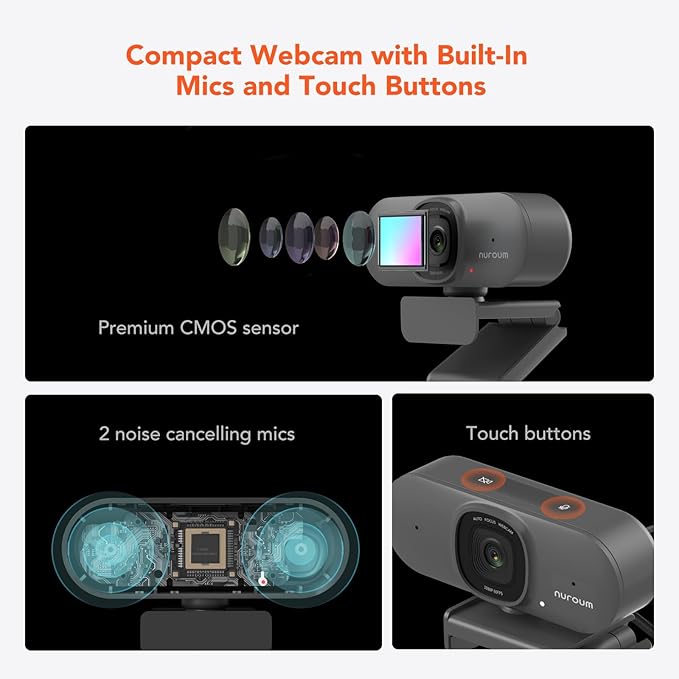NUROUM V15AF 2K Webcam for PC 1080P 60fps Autofocus HD Webcam with Dual Noise Cancelling Microphone 75° FOV&ampLight Correction USB Web Camera Plug&ampPlay for Zoom/TeamsGrey