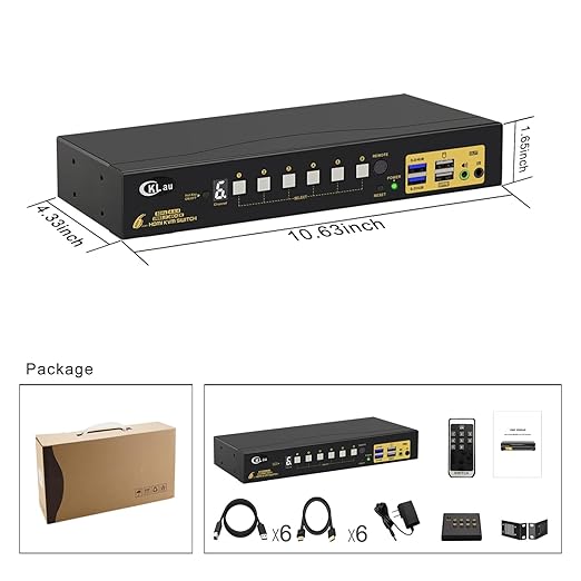 CKLau 6 Port Rack Mount KVM Switch HDMI 2.0 4K60Hz with Audio 2 pcs USB 3.0 Peripheral Hub and Cables for 6 Computers 1 Monitor Supports Hotkey IR Remote Wired Remote Manual Switching