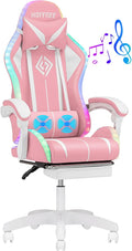 HOFFREE Gaming Chair Massage with Bluetooth Speakers Ergonomic Computer Gaming Chair with LED RGB Lights Footrest High Back Music Video Game Chair with Lumbar Support White and Pink