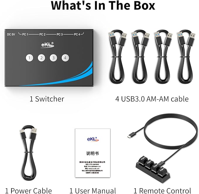 eKL USB 3.0 Switch 4 Computers Sharing USB Peripherals 4 Port USB Switcher Sharing Mouse Keyboard Scanner Printer with 3.5mm Headset Jack Audio Out Includes 4 USB 3.0 Cables and Remote