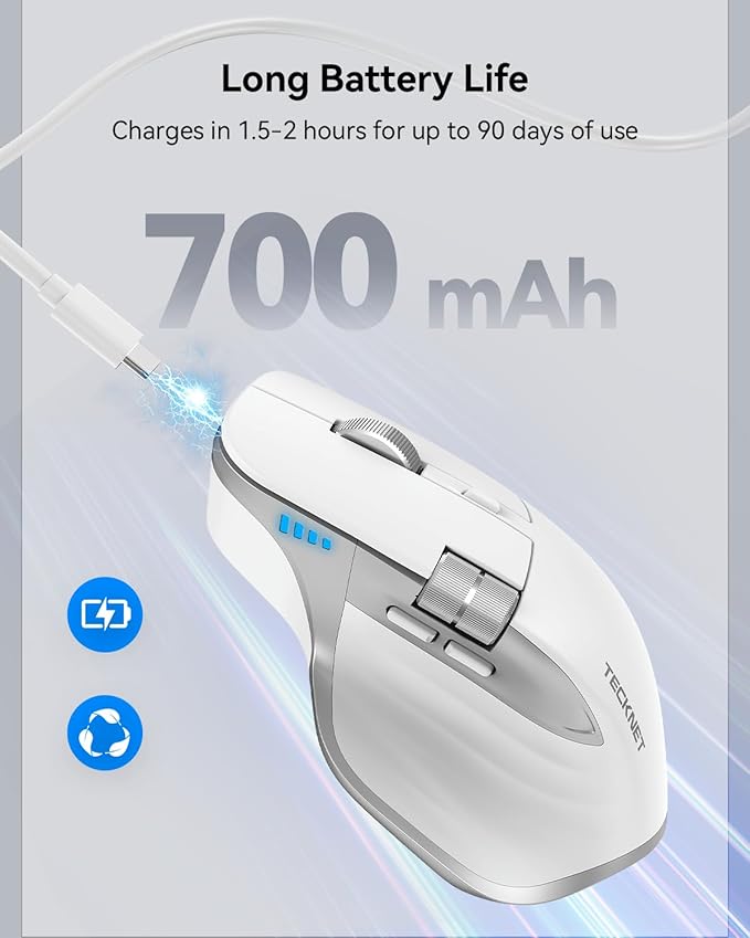 TECKNET Wireless Mouse Bluetooth Mouse (BT5.3/5.0 &amp 2.4G) Rechargeable Ergonomic Optical Mouse with 6 Adjustable DPI Side Scroll Quiet Clicks USB A Receiver 7 Buttons Wide Compatibility - Wh