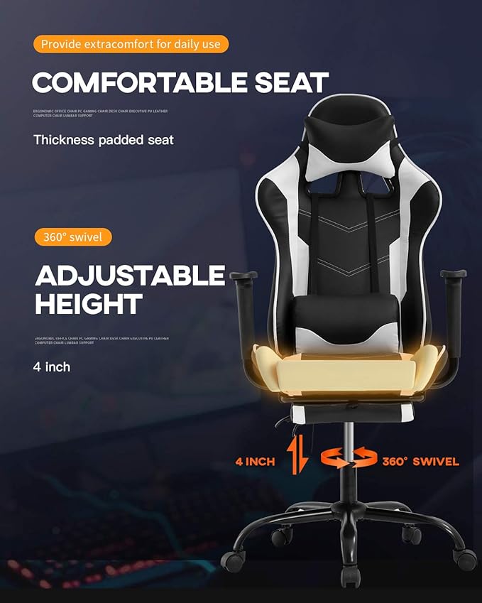 Massage Gaming Chair Ergonomic Computer Racing Style Office Chair Adjustable High Back Gamer Chair for Home Office with Footrest Headrest Lumbar SupportWhite
