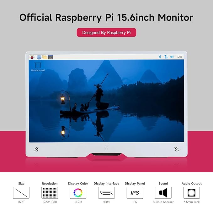 waveshare Pi Monitor Kit Comes with an Official Raspberry Pi 15.6inch Monitor 1920×1080 Resolution Standard HDMI Port IPS VESA Mounting Support Bundle with Accessories (6 Items)