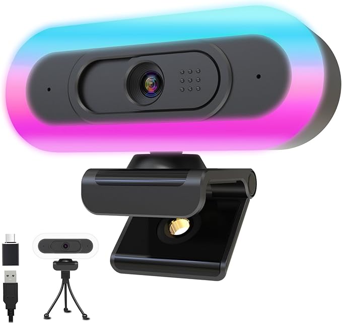 2K Webcam for PCStreaming Computer Camera with Fill RGB LightsAutofocus Webcam with Microphone and CoverPlug-Play USB Web cam for Desktop ComputerMeetingGamingVideo Calling