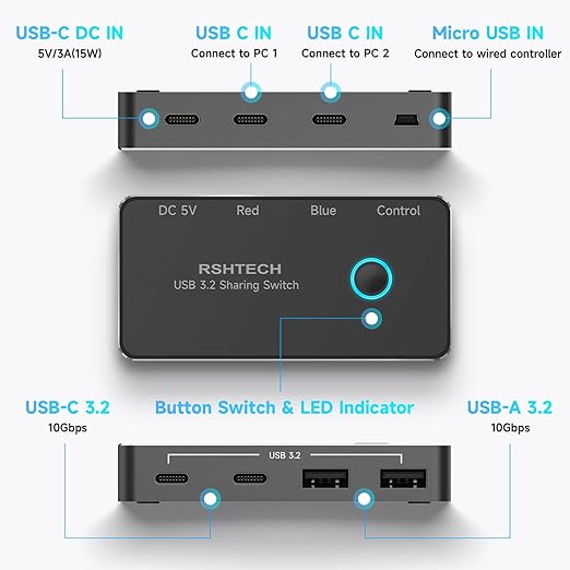 RSHTECH USB 3.2/USB C Switch 10Gbps 2 Computers Share 4 USB 3.2 Ports(2 USB-A+2 USB-C) USB Switcher Selector with 2 Cables and Controller for PC Laptop (No Video Output or Charging)