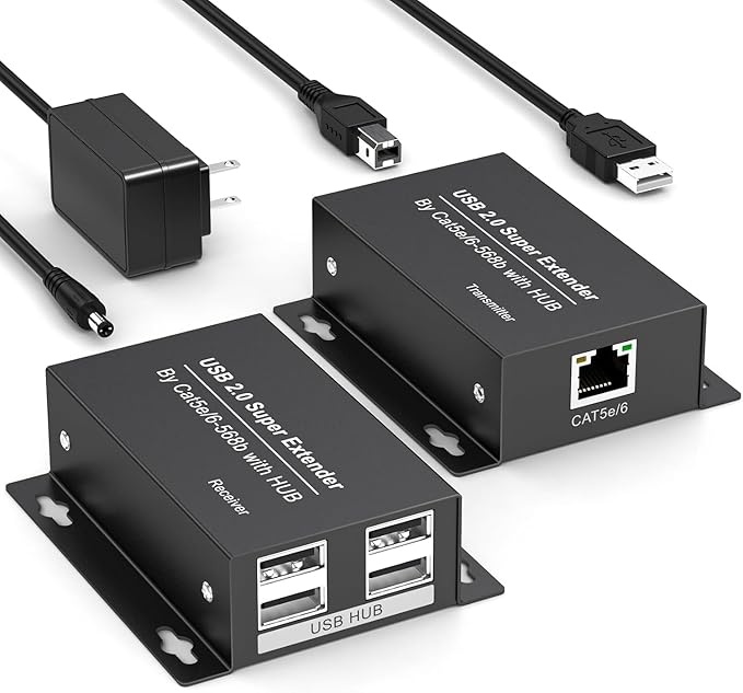 USB Extender Over Ethernet USB 2.0 HUB RJ45 Cat5e/6 196ft/60m up to 480Mbps Transfer Rate No Driver Required Supports POC Power Supply Supports Connecting Keyboard Mouse U Disk Printer etc.