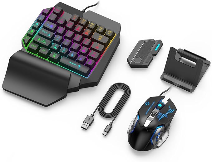 One Handed Gaming Keyboard and Mouse Combo RGB Rainbow Backlit 35 Keys Half Hand Gaming Keyboard and Mouse Set with Wrist Rest Support and Converter for