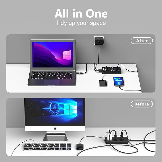 Powered USB Hub SENTANK 14 Port USB 3.0 Hub Splitter (6 USB 3.0 Data Ports + 4 Fast Charging Ports) with Independent LED On/Off Switch with 60W Power Adapter for Mac PC