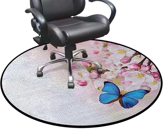 Blue Pastel Pink Gaming Chair Mat Round Floor Mats Blue Butterfly on Spring Cherry Blossoms Office Chair Computer Gaming Desk Mat for Rolling Chair Non-Slip Gaming Rug Modern Diameter 60 in