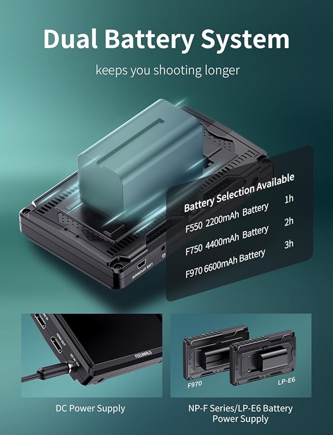 FEELWORLD S55E 5.5 inch DSLR Field Monitor 3D LUT Compact Full HD 1920x1152 IPS Video Assist Peaking Focus with 4K60Hz HDMI 8.4V DC Inputs/Outputs Includes F550 4400mAh BatteryTilt ArmSunshade