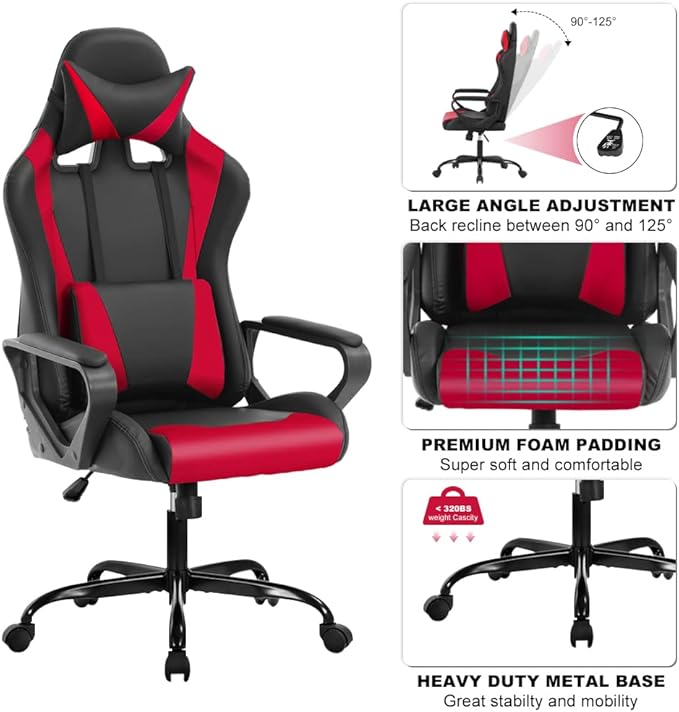 Ergonomic Gaming Chair High Back PU Leather Office Chair with Adjustable Lumbar Support &amp Headrest – Swivel Computer Desk Chair for Adults Teens Kids – Heavy Duty Executive Red Game Chair-Red