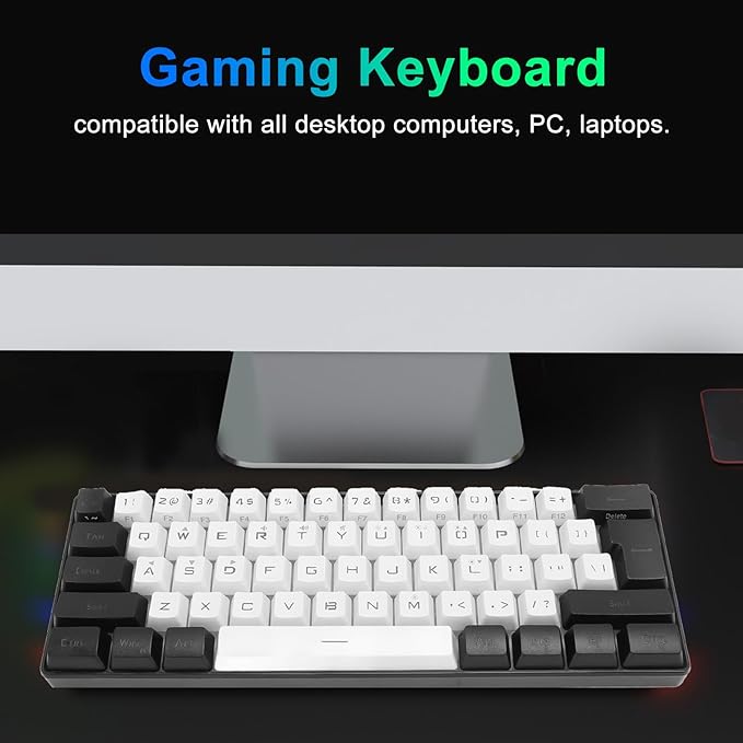 Portable 60% Mechanical Gaming Keyboard 61 Keys RGB Backlit USB Keyboard with Ergonomic Design USB Wired Keyboard for PC Travel (White Black)
