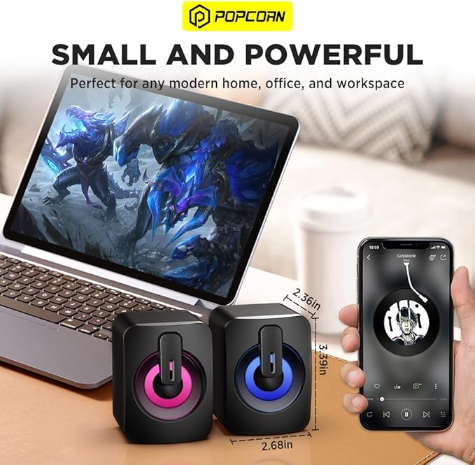 Computer Speakers Bluetooth Soundbar HiFi Stereo 3.5mm Auxiliary Input Connection USB Powered Speakers for Desktop Monitor PC Laptop Tablet