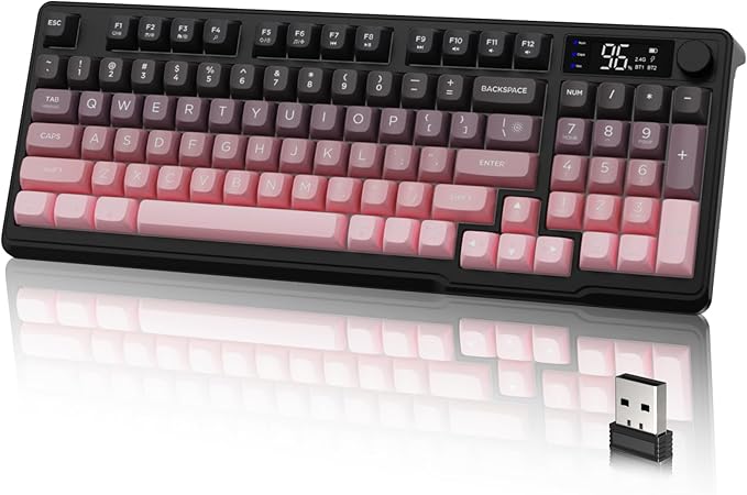 LexonElec M96 Wireless Keyboard Low Profile Quiet Typing Membrane Gaming Keyboard with Smart Display &amp Knob RGB Backlit USB C Rechargeable 94 Keys PBT Keycap for Windows PC Mac Linux-BlackBe