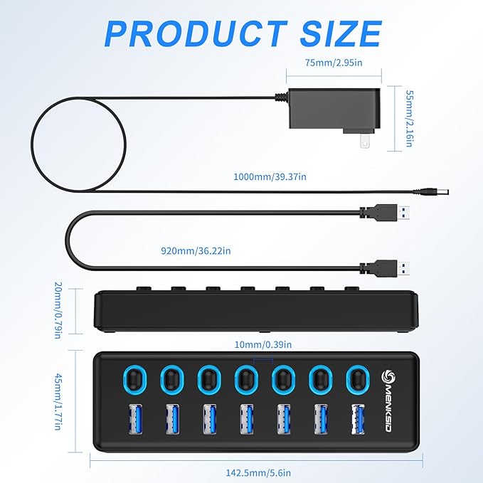7-Port USB 3.2 Hub Data USB Hub Splitter with Individual On/Off Switches and Lights Compatible with Laptop PC MacBook Mac Pro Mac mini iMac Surface Pro and More