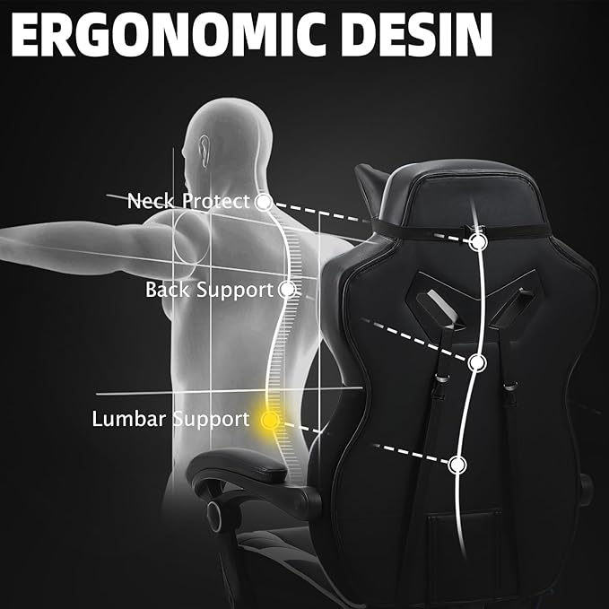 Vonesse Gaming Chair Big and Tall Gaming Chair with Footrest and Massage Gaming Chairs for Adults with Lumbar Support Ergonomic High Back Computer Chair with Pocket Spring Cushion (White/Black)