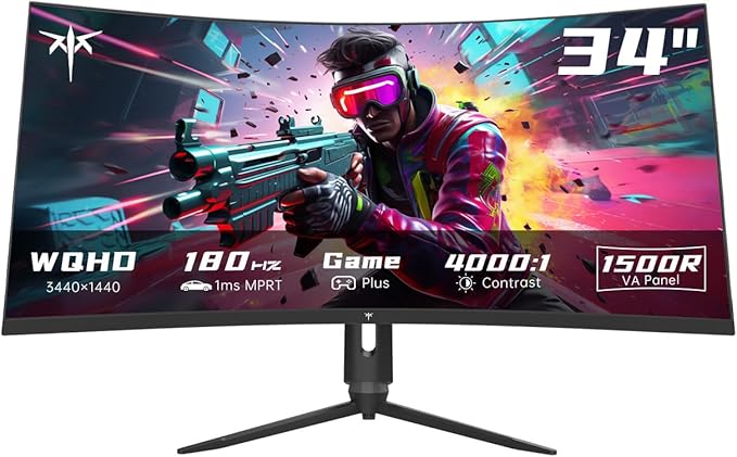 KTC 34 Inch Ultrawide Monitor 180Hz WQHD 3440X1440 Curved Gaming Monitor 1500R PC Monitor HDR FreeSync &amp G-Sync HDMI DisplayPort VESA Tilt Swivel Height Pivot Adjustment H34S18S